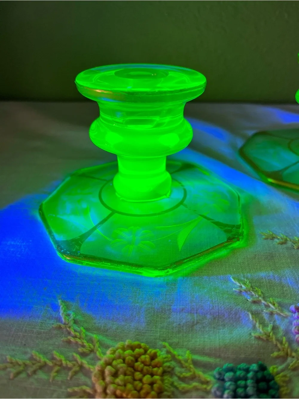 Antique 1930s Uranium Glass Etched Floral Gold Candlesticks Pair